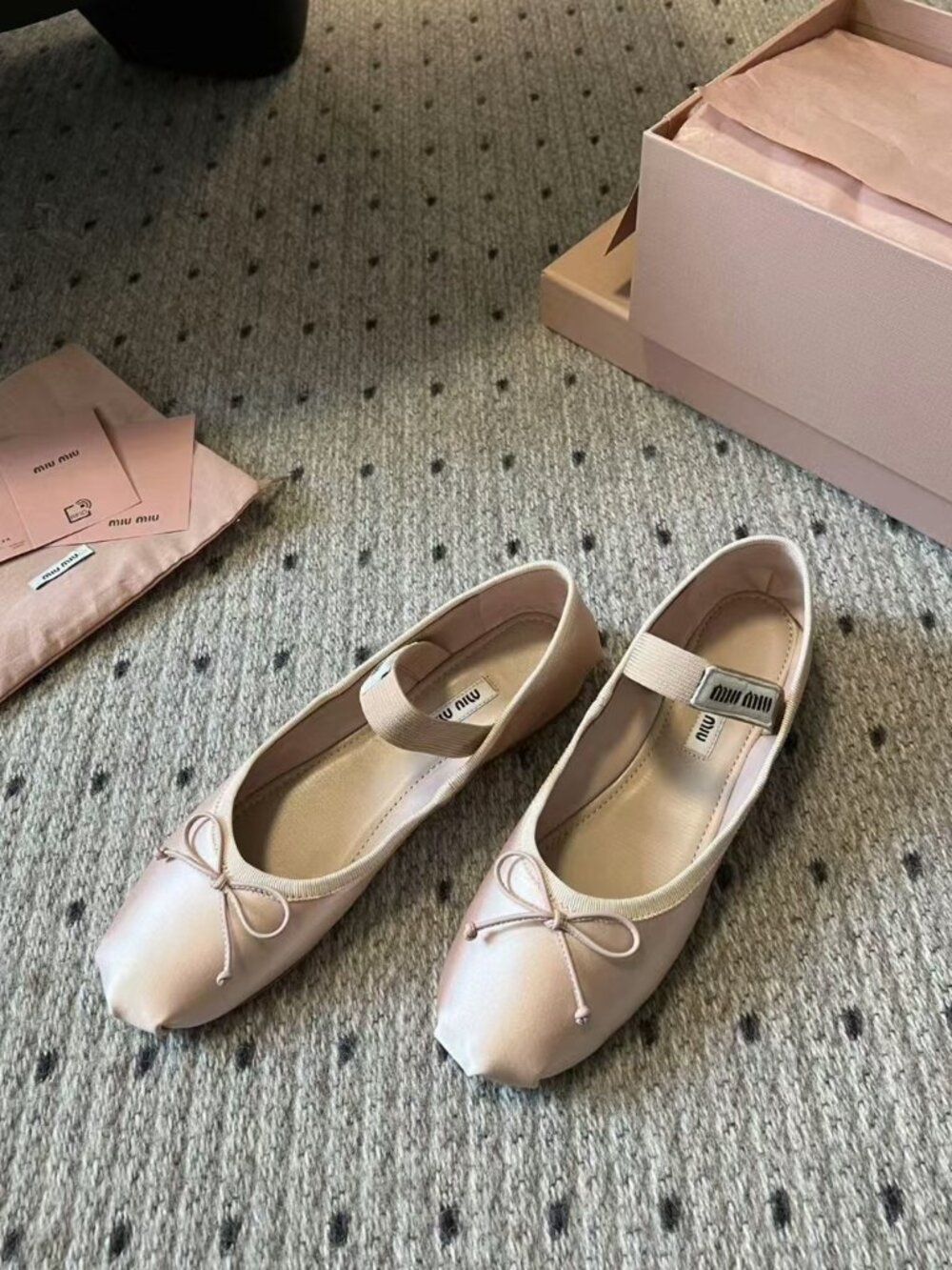 Miu Miu Blush Pink Glossy Satin Mini Bow Elastic Strap Mary Jane Ballet Flats
